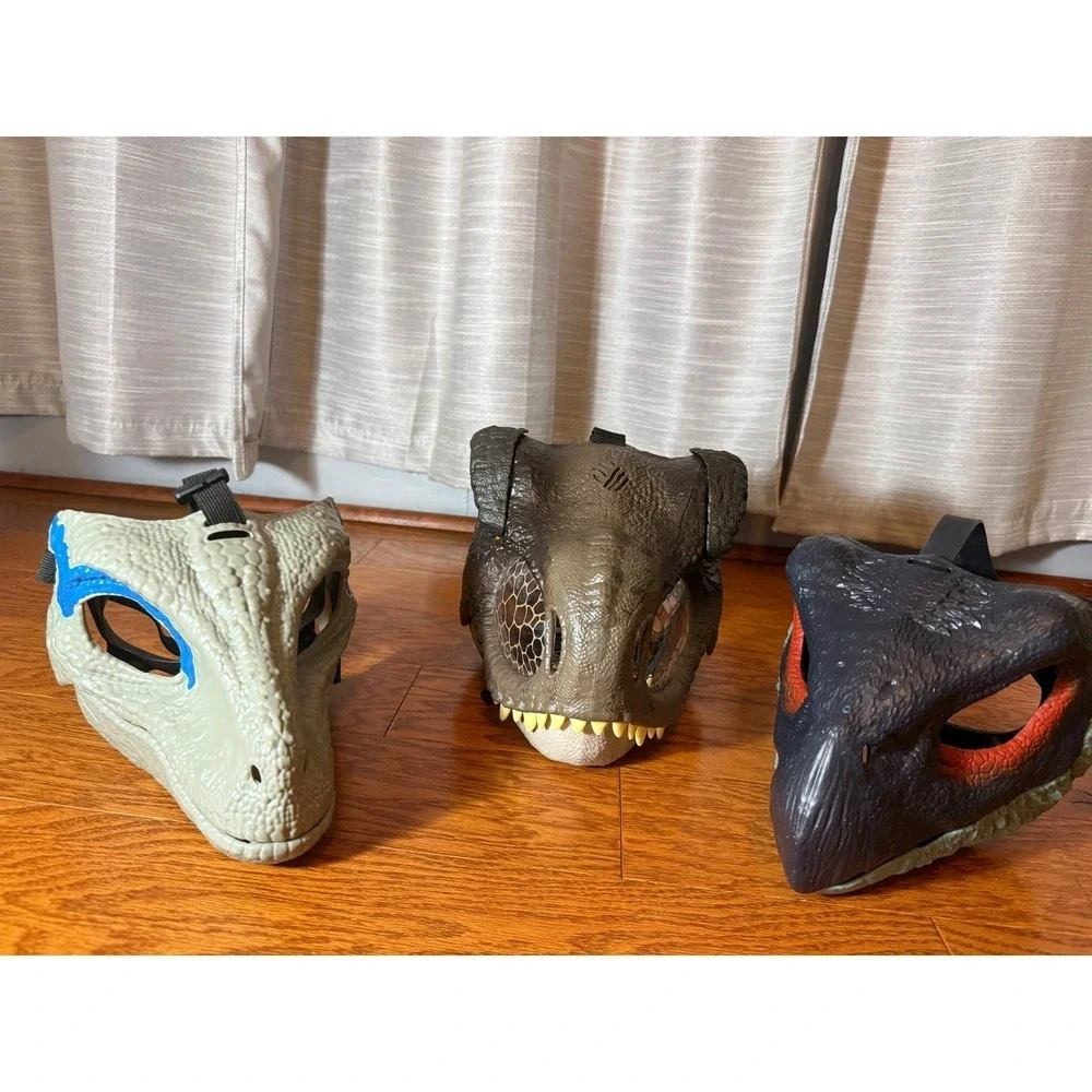 3pc Lot Jurassic Park Dinosaur Mask T-Rex Velociraptor Blue Indoraptor Costume